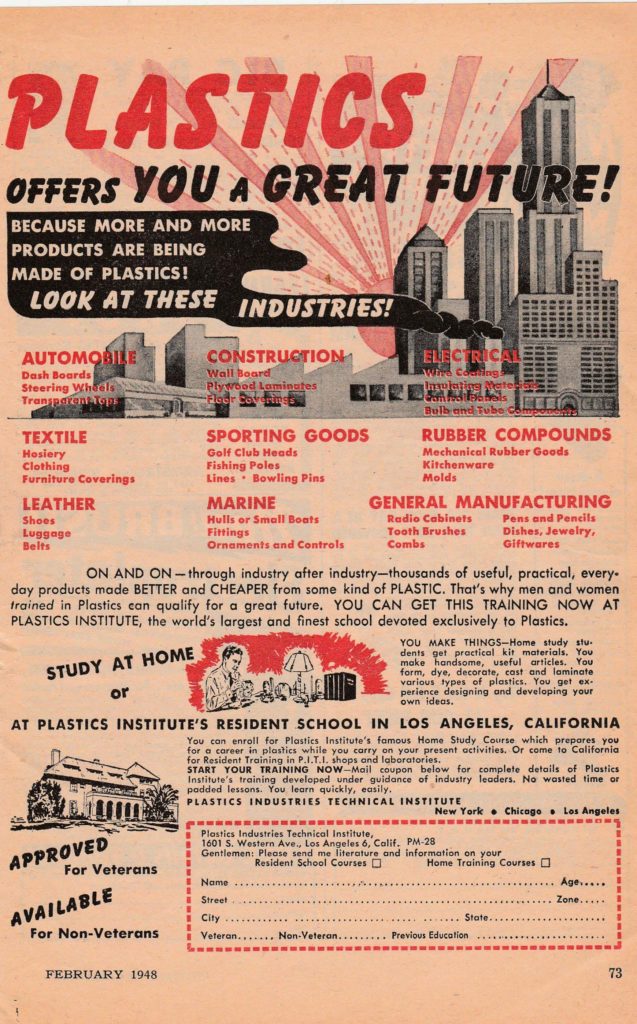 An advertisement in the February 1948 issue of Popular Mechanics